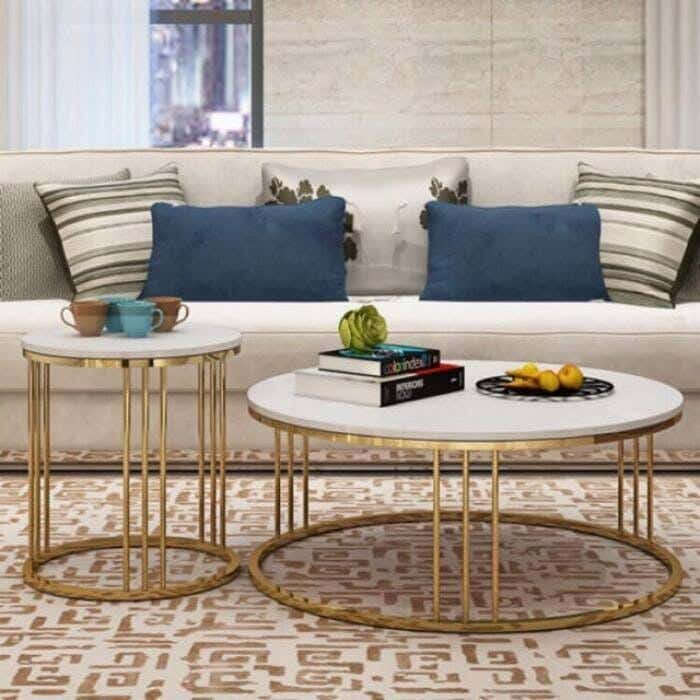 Metal Center Table Set, Carrara Marble Top - Gold