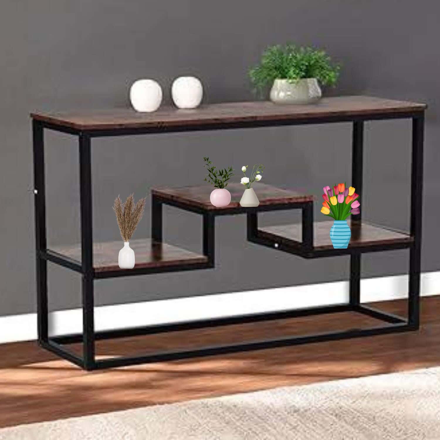 Metal Console Table, MDF Wood Top, 120×40×90 Cm - Black