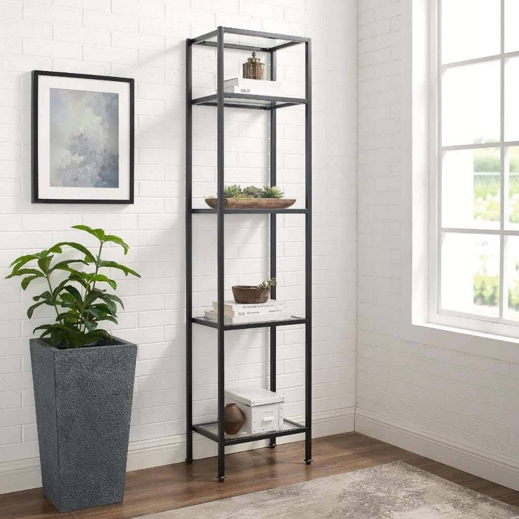 Metal Shelving Unit With Glass Surface, Electrostatic Paint, 50 × 35 × 180 cm - Black