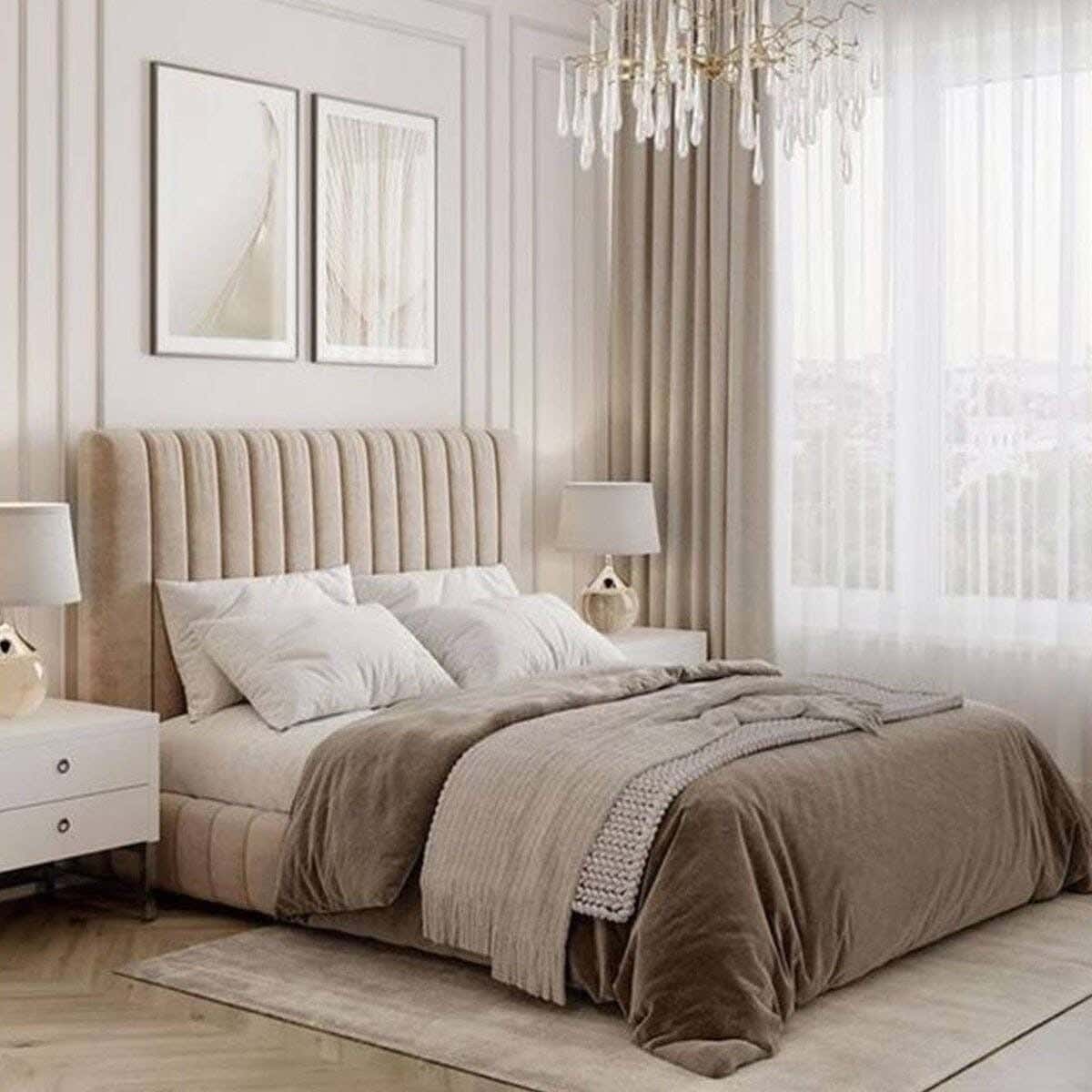 Queen Bed, Pine Wood, Velvet Fabric, 200×120×160 cm - Beige