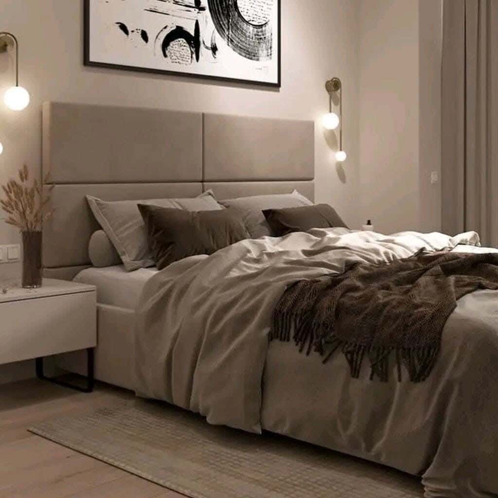 Queen Bed, Pine Wood, Velvet Fabric, 200×120×160 cm - Beige