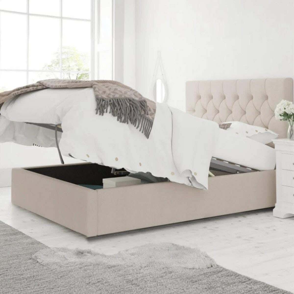 Queen Bed, Pine Wood, Velvet Fabric, 200×120×160 cm - Beige