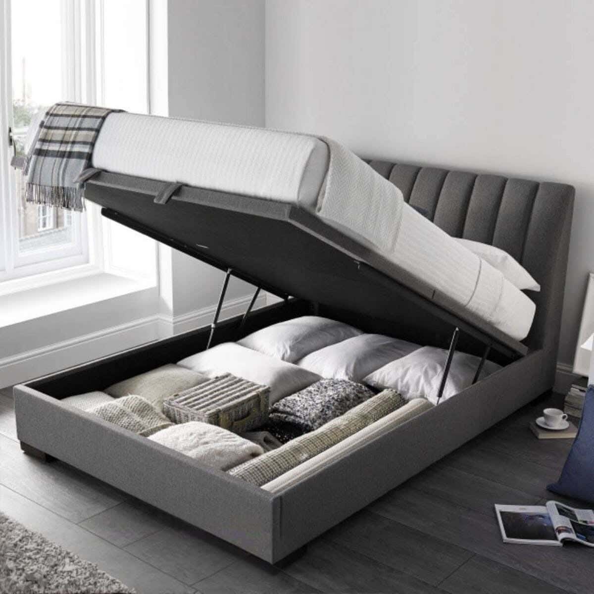 Queen Bed, Pine Wood, Velvet Fabric, 200×120×160 cm - Grey