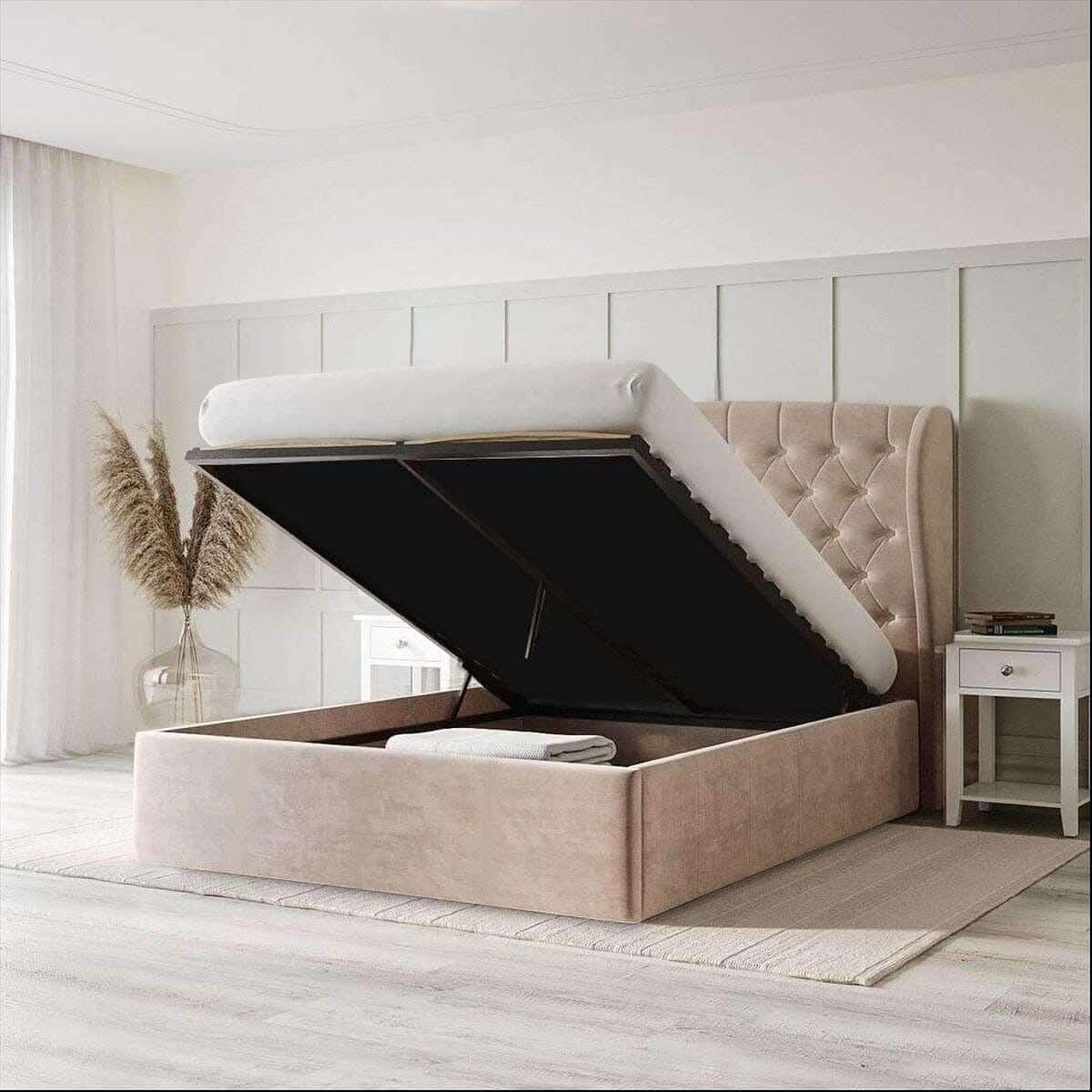 Single Bed, Pine Wood, Velvet Fabric, 200×120×120 cm - Beige