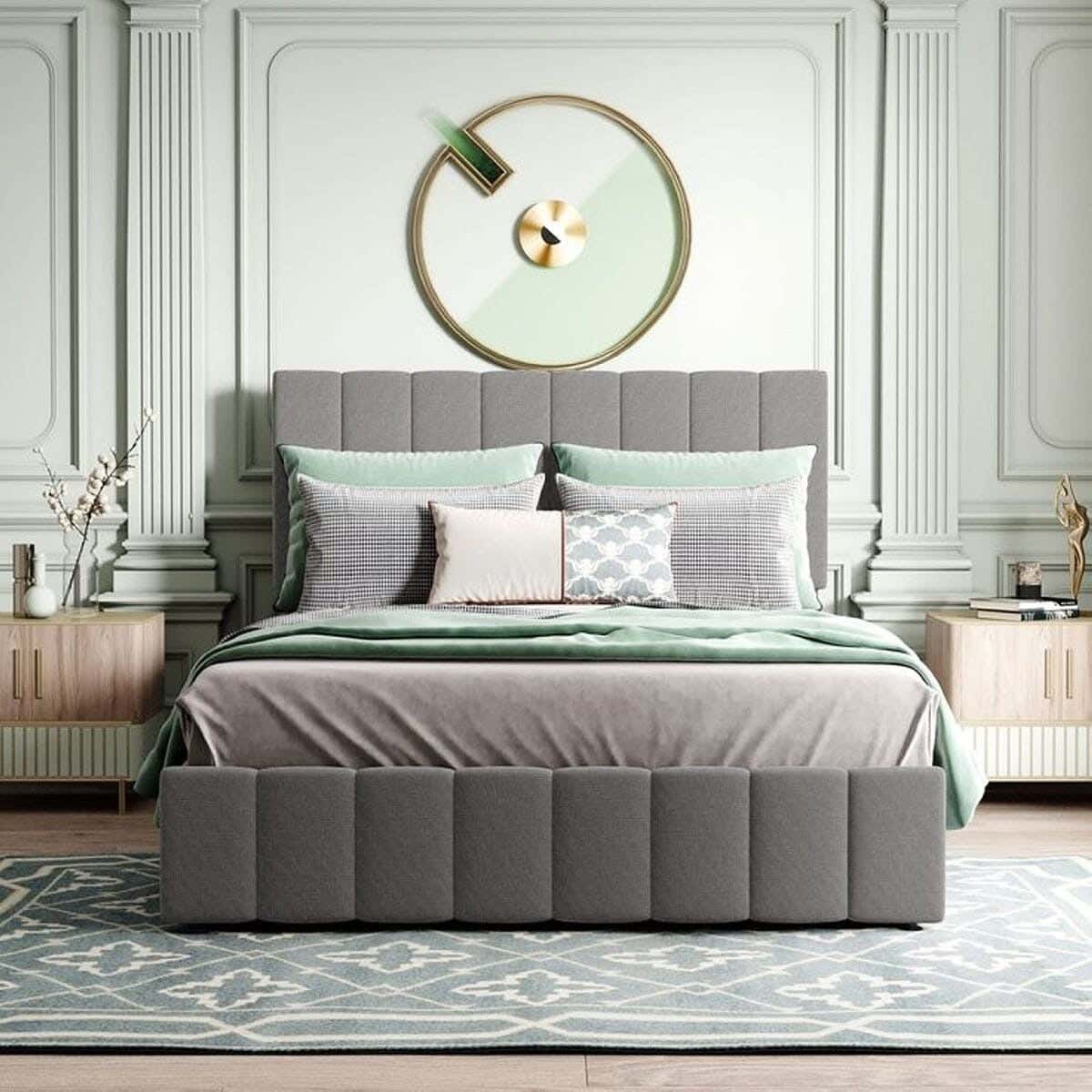Queen Bed, Pine Wood, Linen Fabric, 200×120×160 cm - Grey