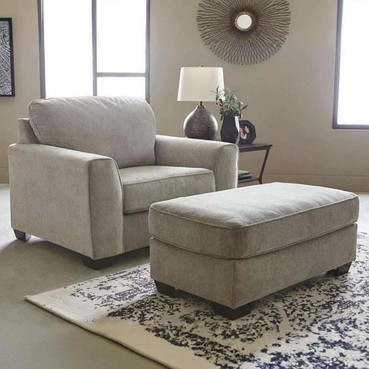 Beechwood Chair And Pouf Set, Koya Linen Fabric, 80×75×90 Cm - Grey