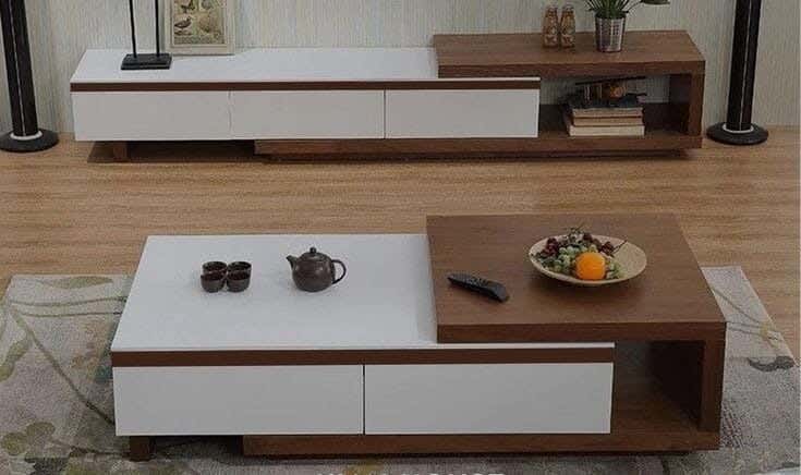Thai MDF Wood Center Table with TV Table, 2 Pieces - White Wooden