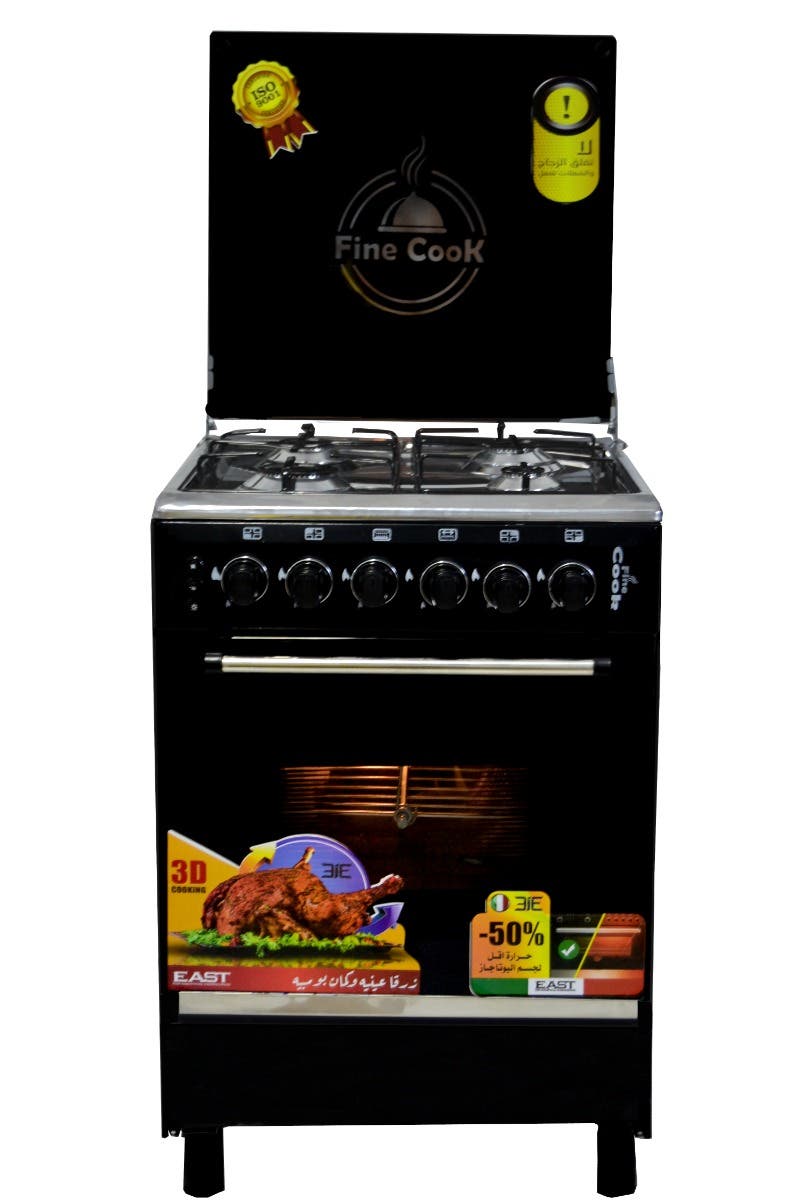 Fine Cook Gas Cooker,  Grand 5512-A , 4 Burners, 55×55 cm, Top Stainless Steel - Silver Black