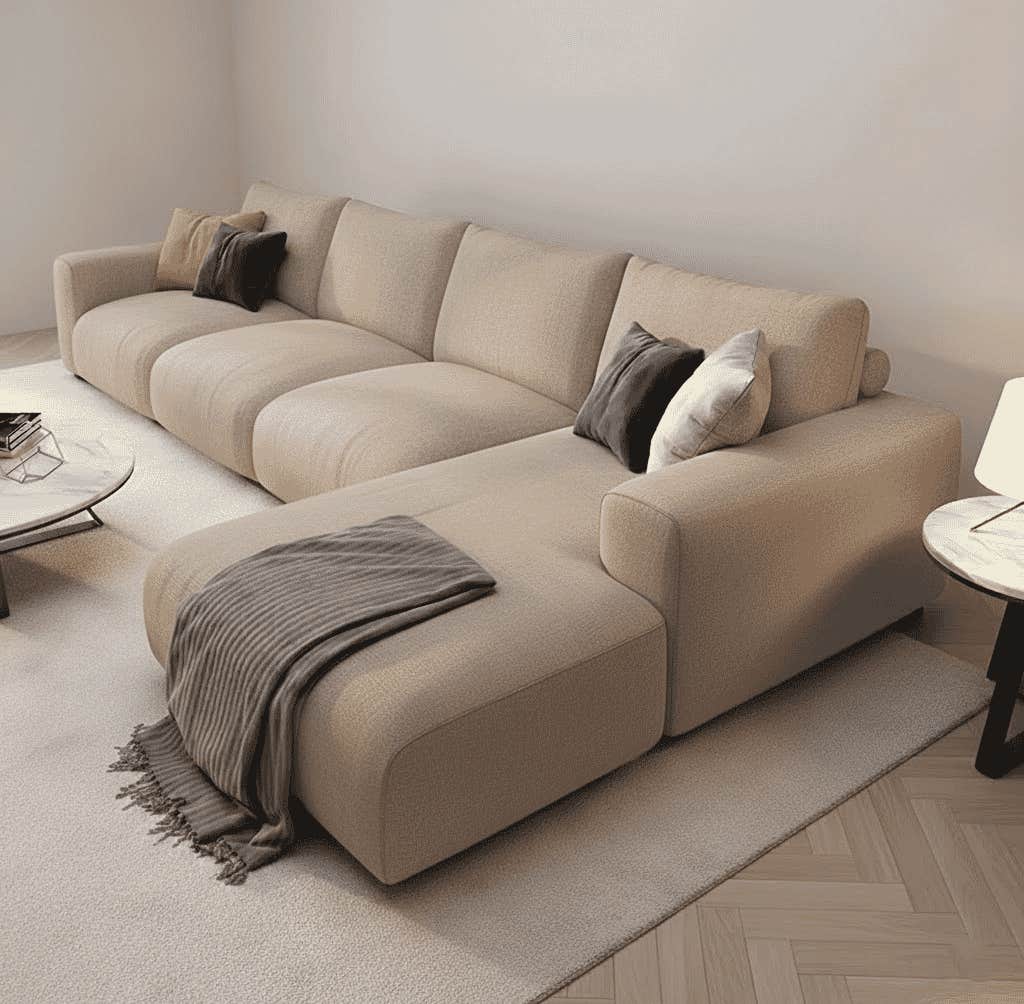 L-Shaped Sofa Of Beech Wood, Koya Linen Fabric, 300 × 80 × 80 cm - Beige