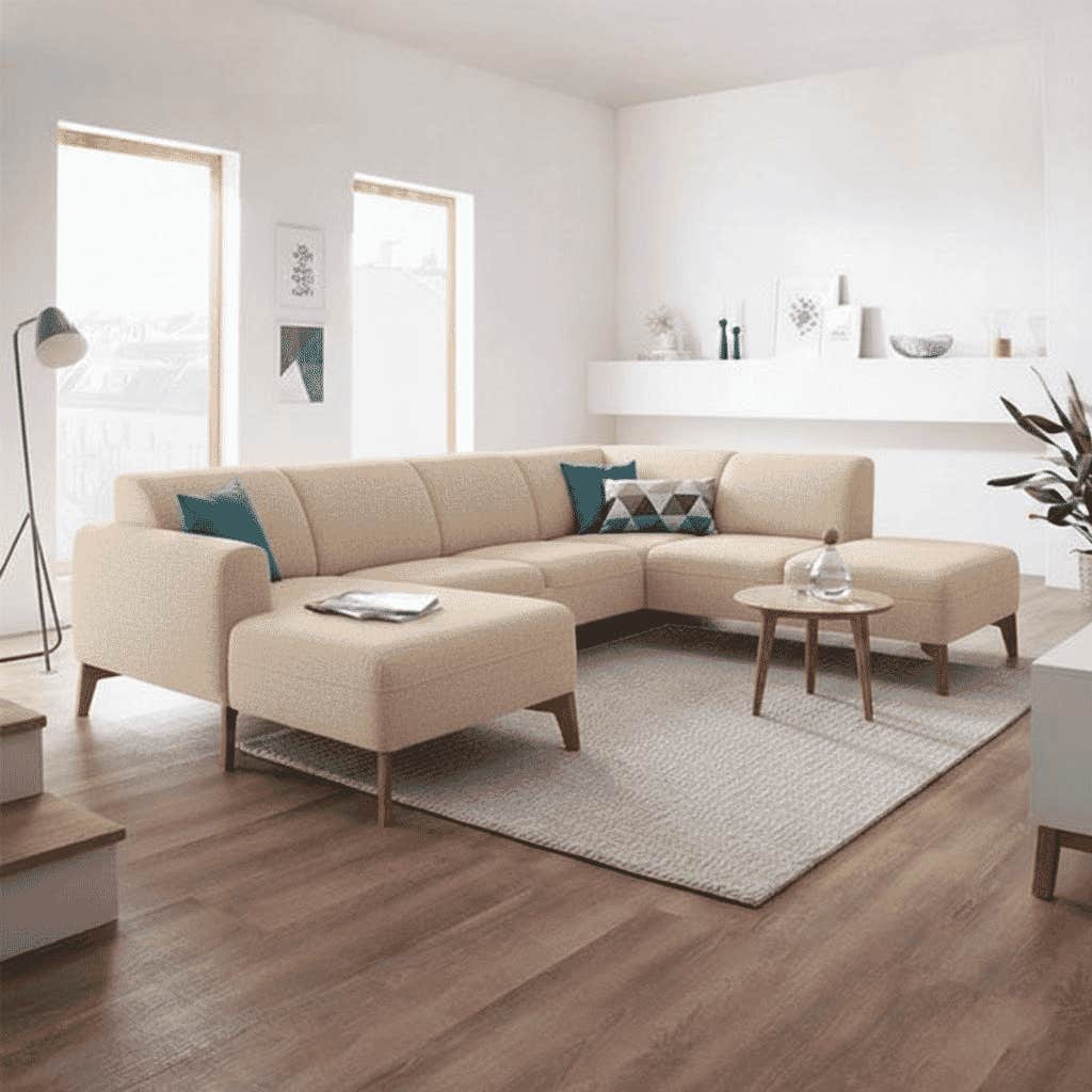 U-Shaped Corner, Beech Wood, Koya Linen Fabric, 280 × 80 × 80 cm - Beige
