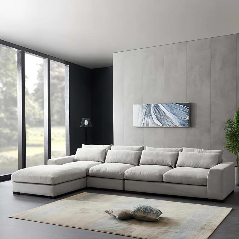 L-shaped beech wood sofa, koya linen fabric, 160x85x320cm - Grey