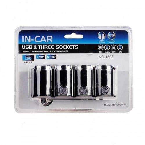 Car Cigarette Lighter Splitter, 4 Sockets + 2 USB, 12V