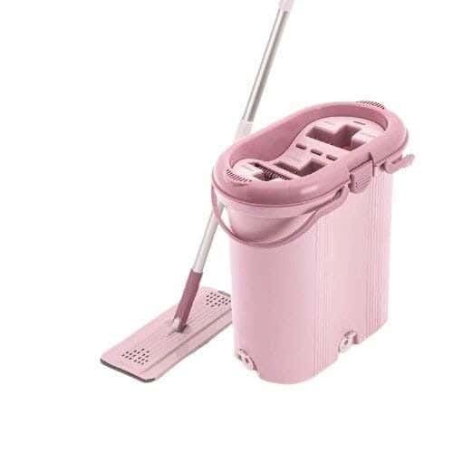 Plastic Flat Mop Bucket, 3 Compartments, 2 Microfiber Refills, 14 Liter Capacity - Pink