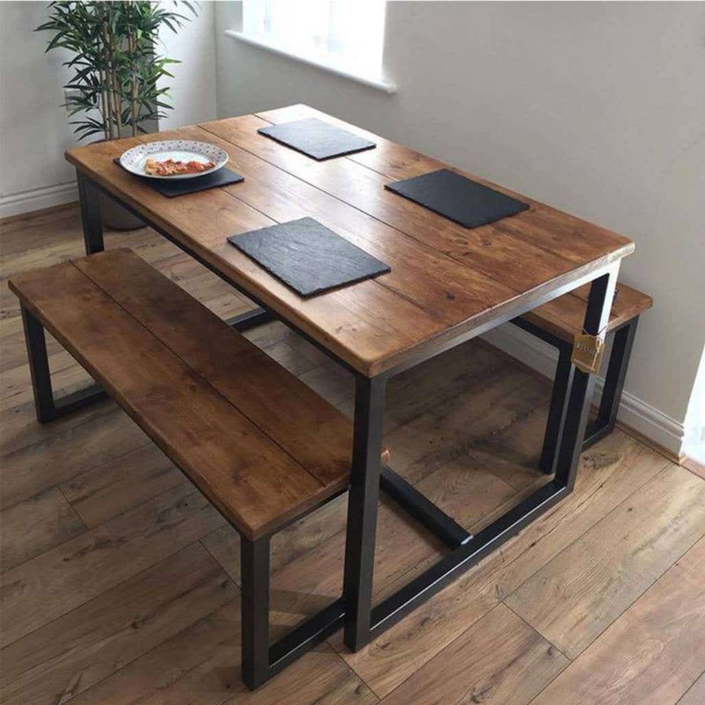 Metal Dining Table and 2 Benches, 75x110x60 cm - Black Brown