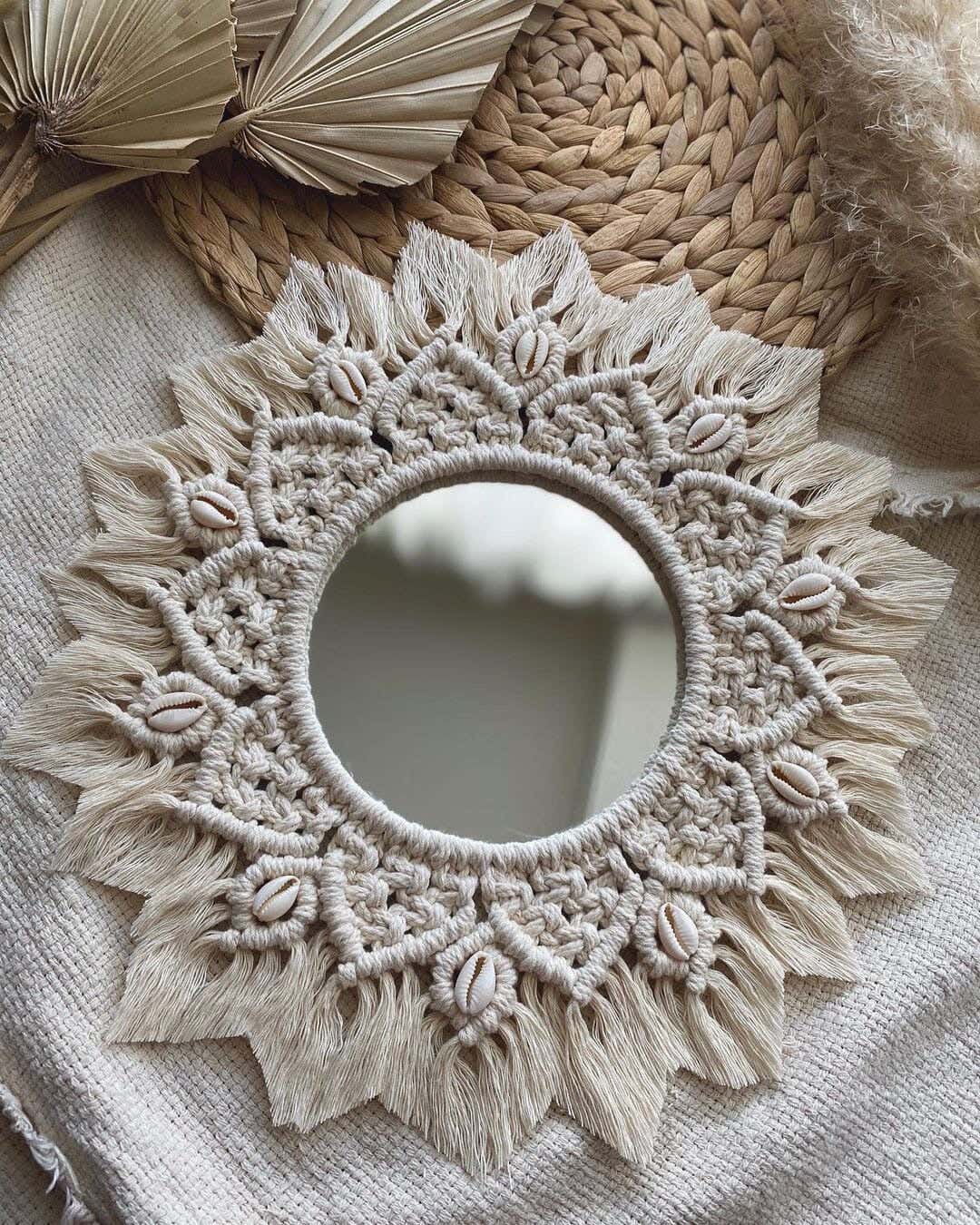 Macrame Wall Decor Mirrors, Cotton, 40X40 Cm - Off White