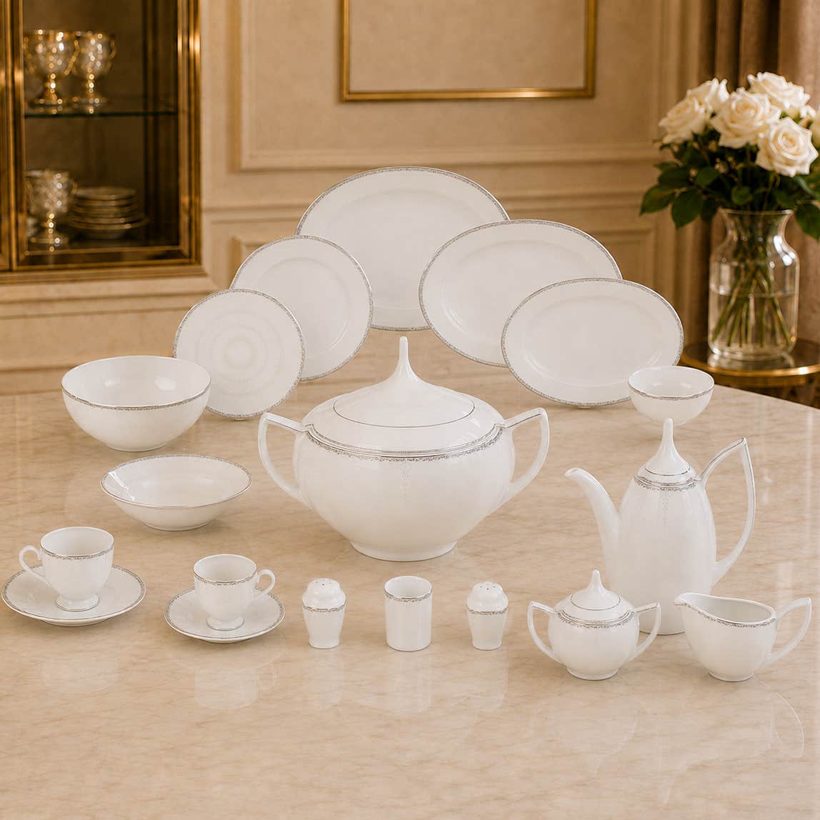 Lotus Dream Sofia Porcelain Dinner Set, 62 Pieces - White