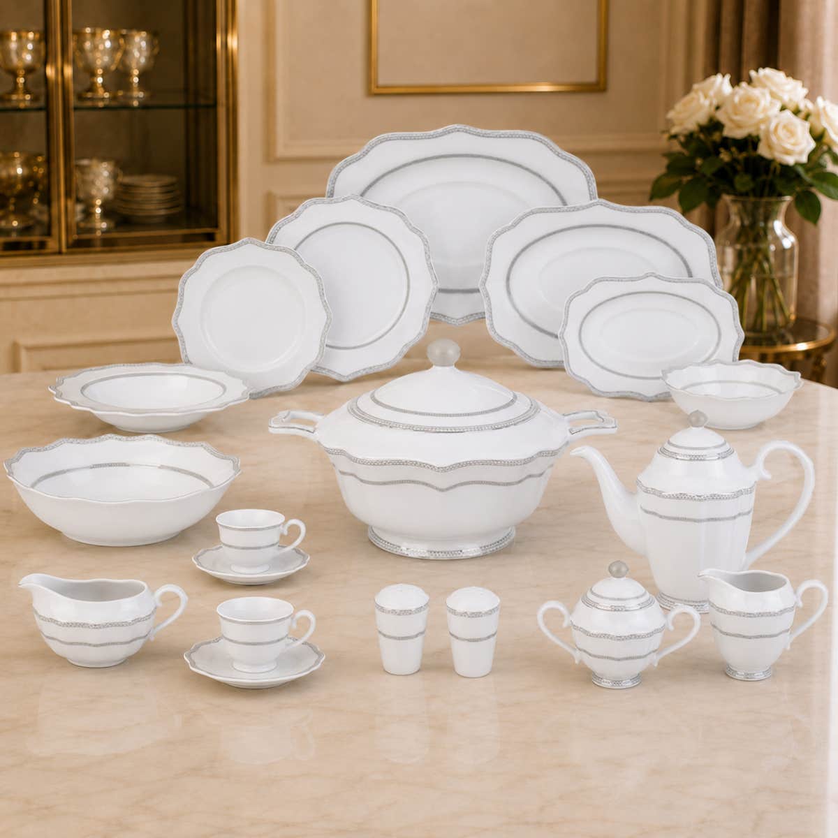 Lotus Sunrise Porcelain Dinner Set, 62 Pieces - White