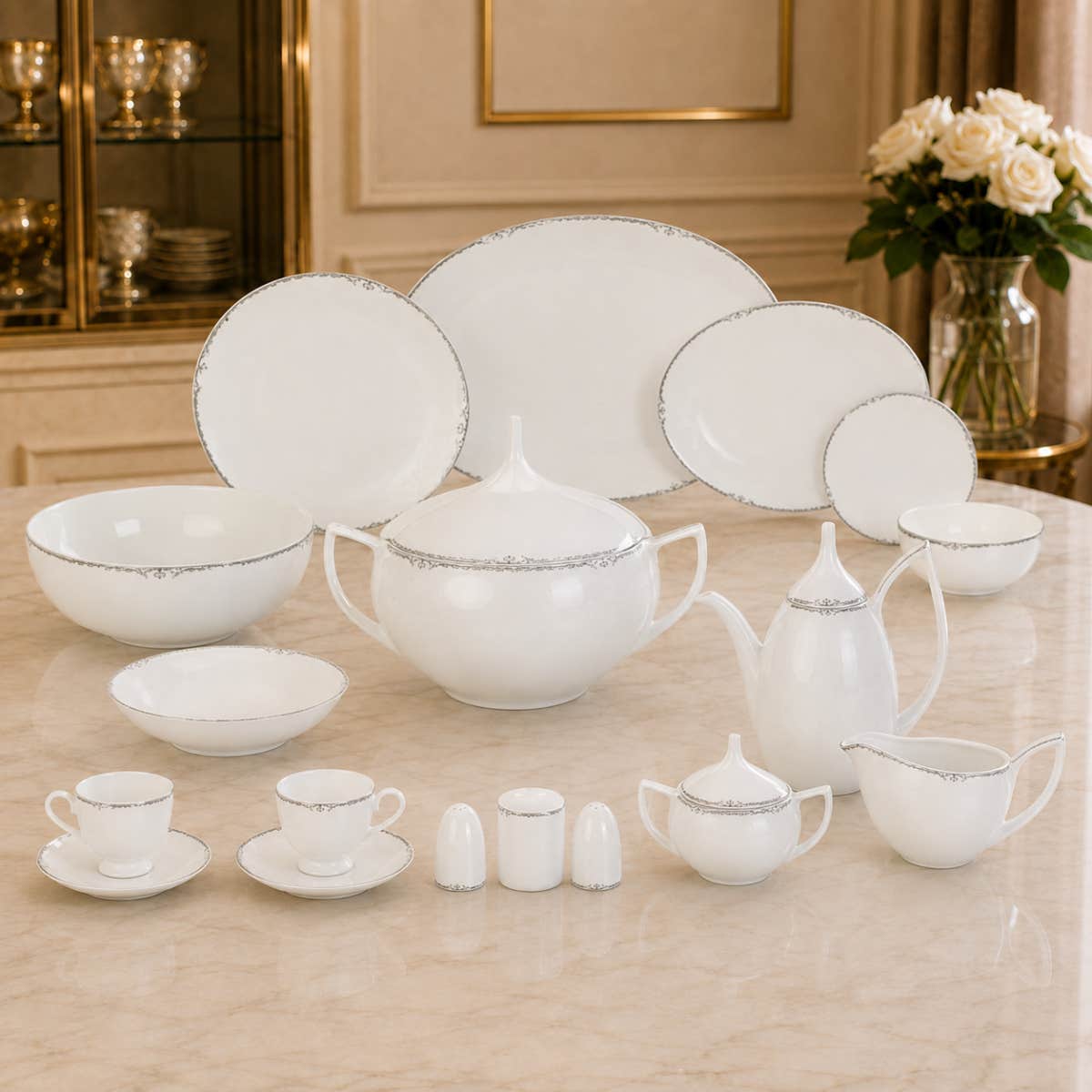Sofia Lotus Dream Porcelain Dinner Set, 62 Pieces - White