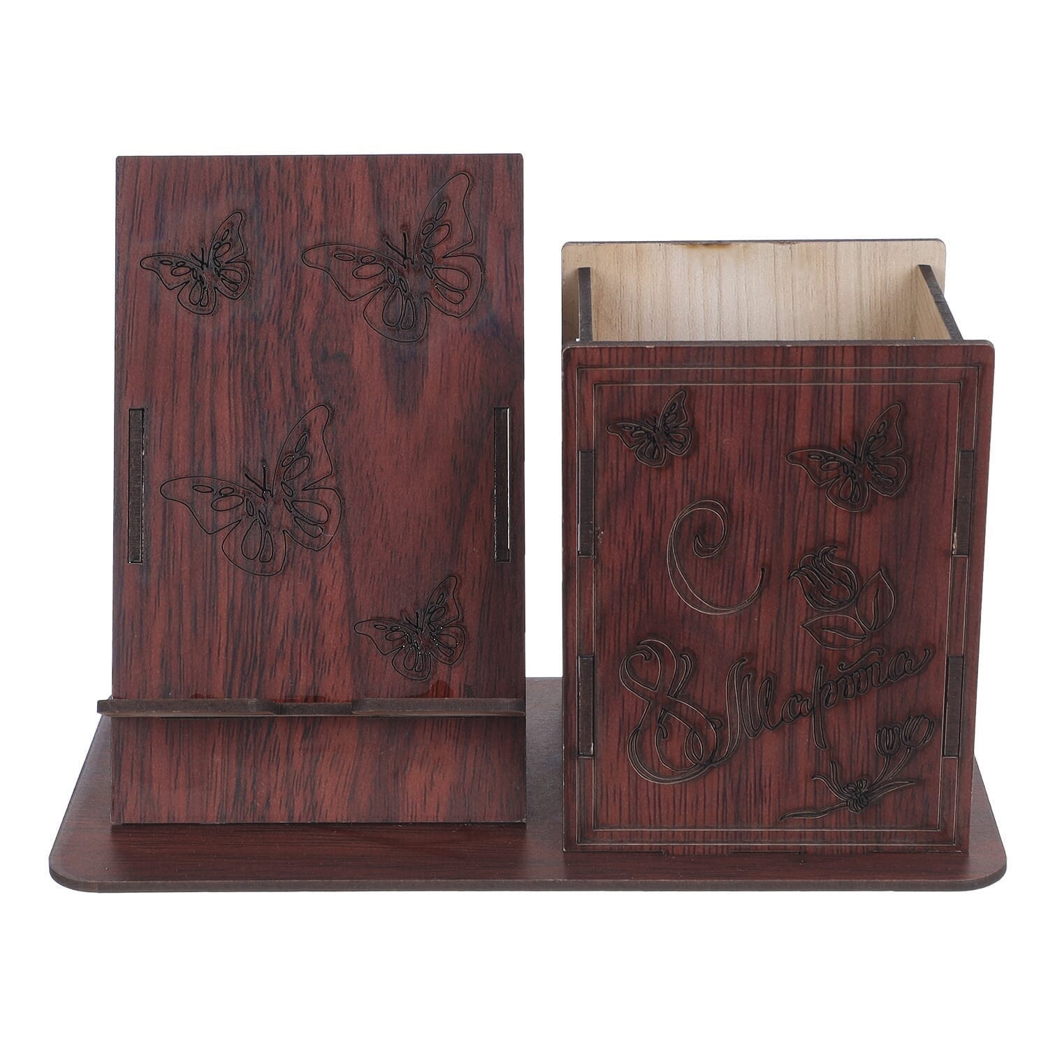 Wooden Holder For Pens & Phone, 18×9×3 Cm - Brown