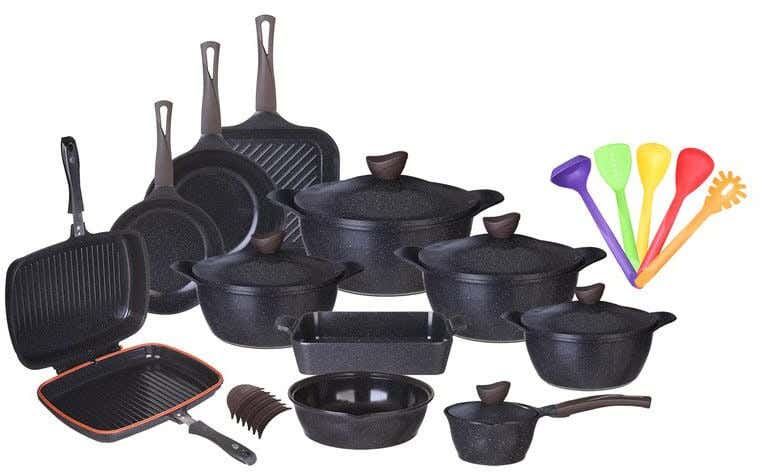 Master Wave Granite Pot Set, 28 Pieces - Black