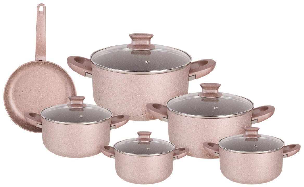 Get Korkmaz Granite Cookware Set with Pyrex Lid, 11 Pieces - Mauve with ...