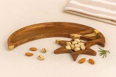 Elite Helal And Star Shaped Snack Plate Made Of Sarsooh Wood, 29×22 Cm - Brown