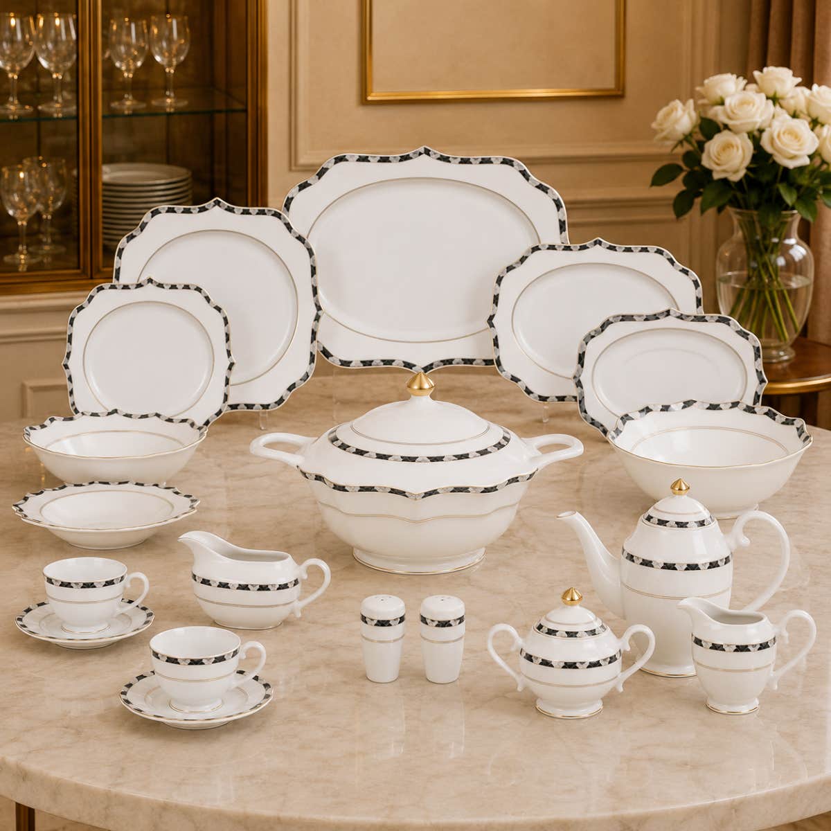 Lotus Sunrise Porcelain Dinner Set, 62 Pieces - Multicolor
