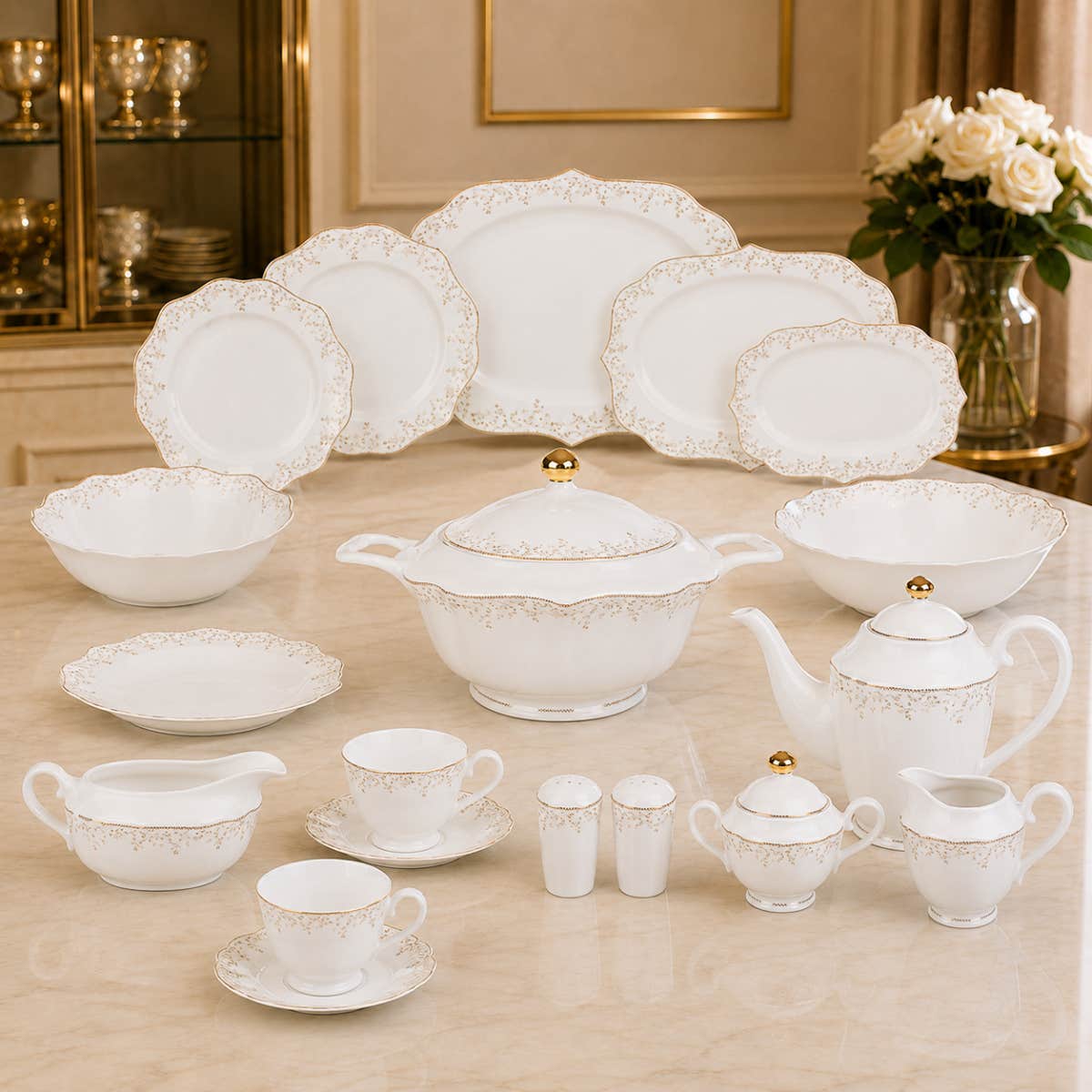 Dream Porcelain Dining Set, 62 Pieces - White Silver