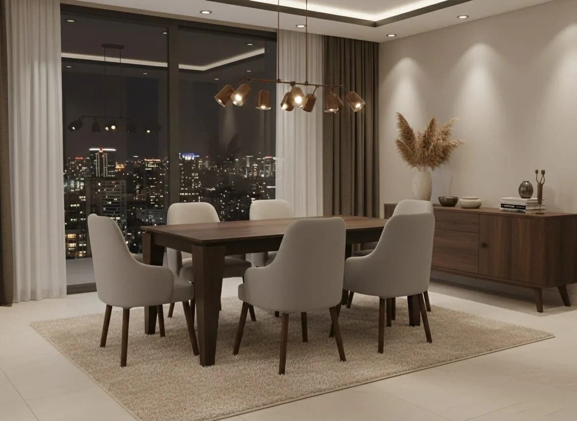 Thai Mdf Wood Dining Table, 160×80×78 cm, 6 Velvet Upholstered Chairs - Beige Brown
