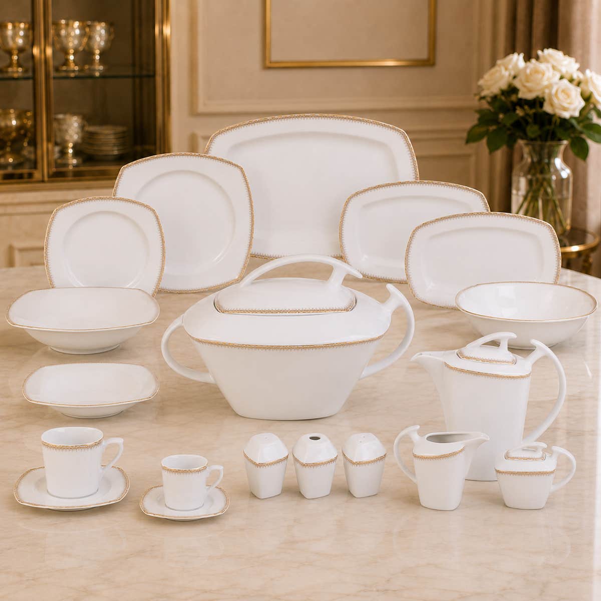 Lisbon Lotus Dream Porcelain Dinner Set, 62 Pieces - White