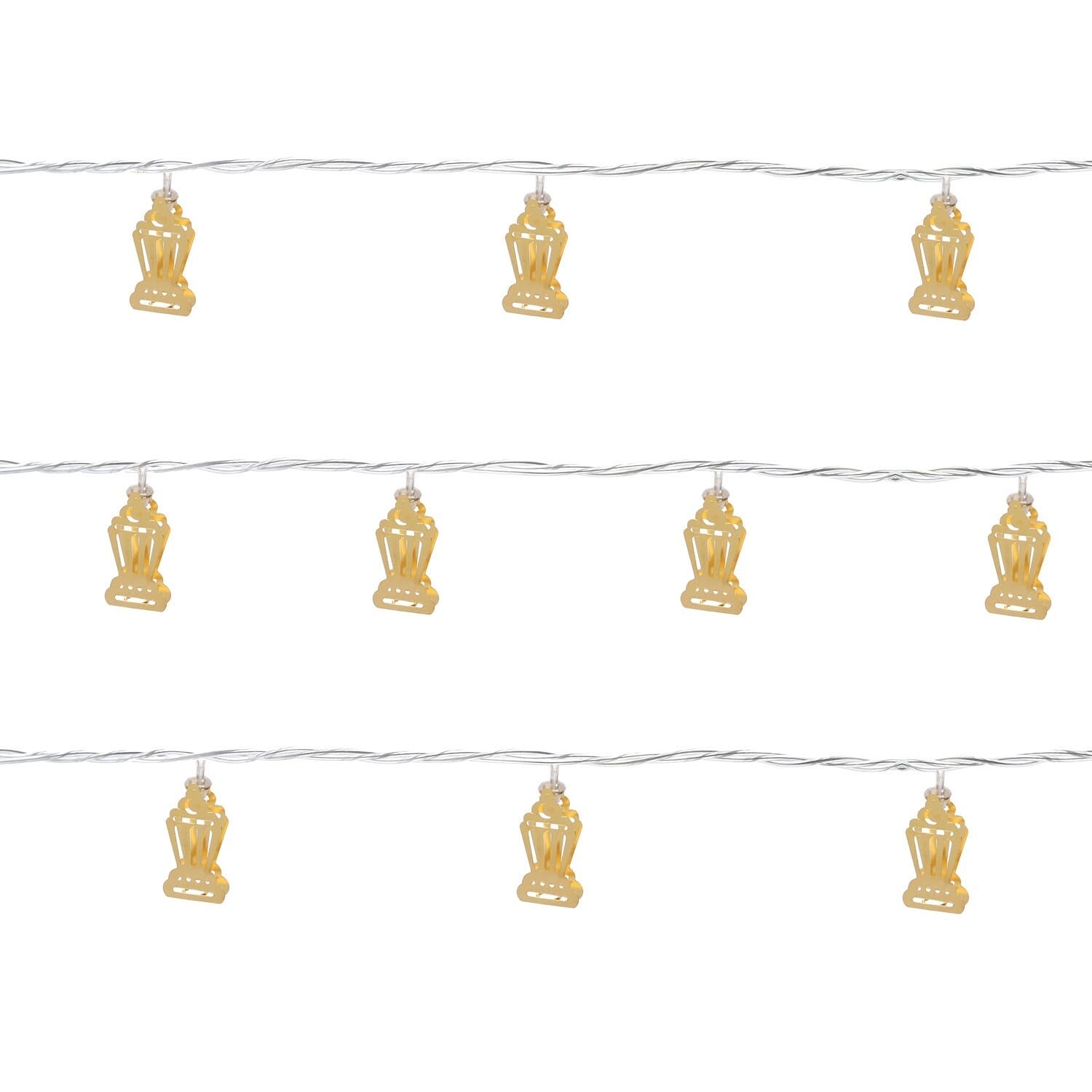 Metallic Gold Light String With Islamic Shapes, 10 Pendants - Gold