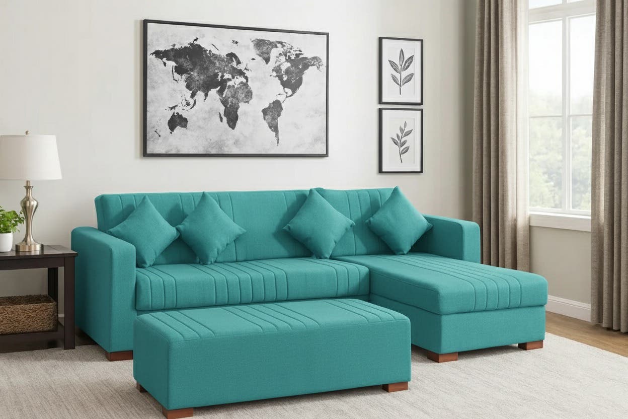 Juliet corner Sofa Set, 3 pieces, Mosky wood, linen fabric, 2-seat sofa, chaise longue, pouf - Turquoise