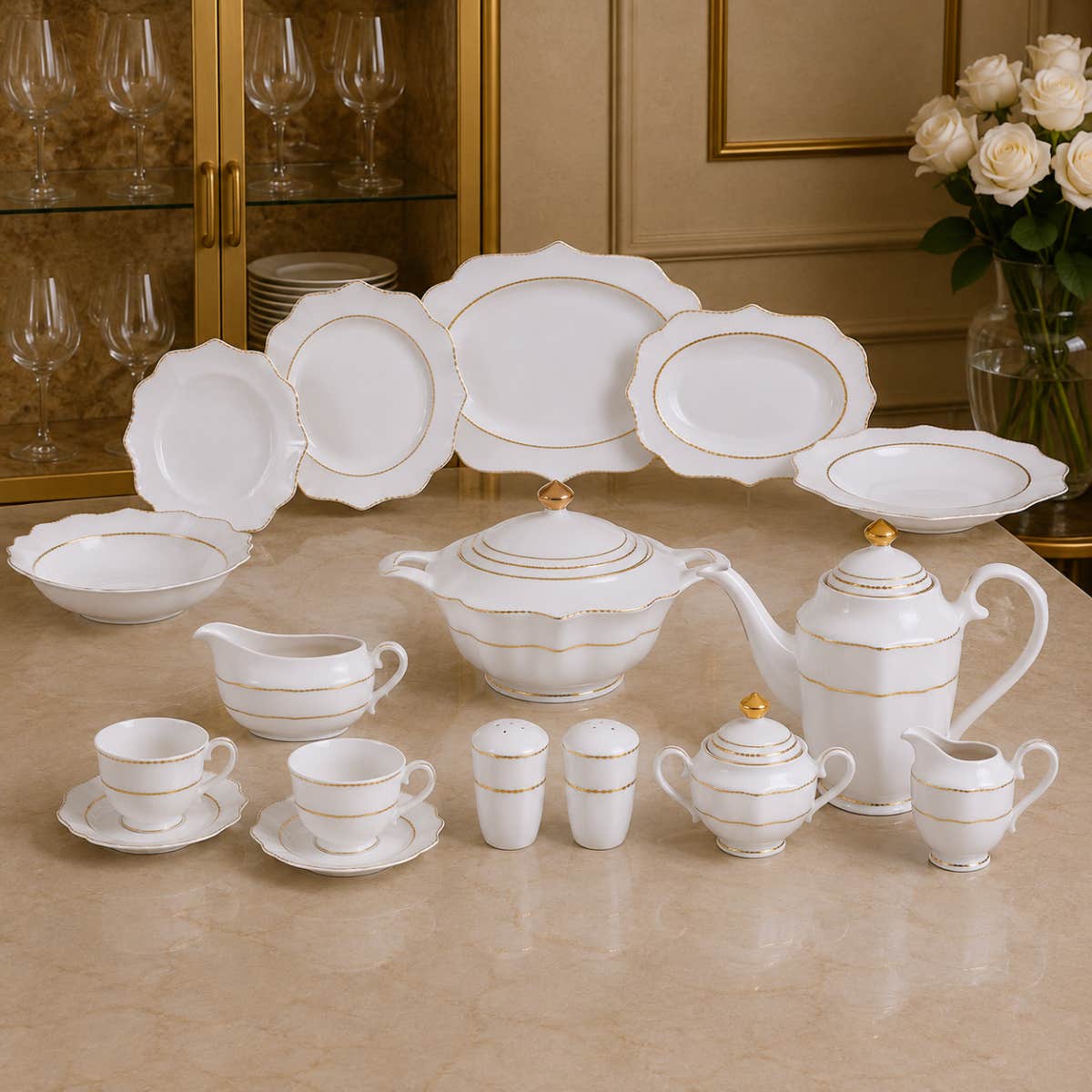 Lotus Sunrise Porcelain Dinner Set, 62 Pieces - White Gold