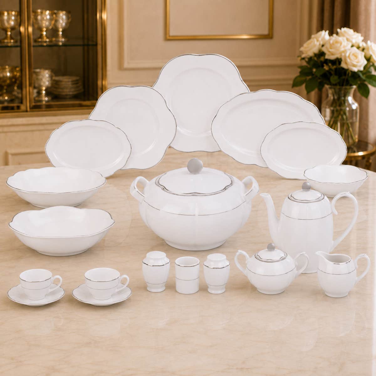Lotus Bluman Porcelain Dinner Set, 62 Pieces - White Silver