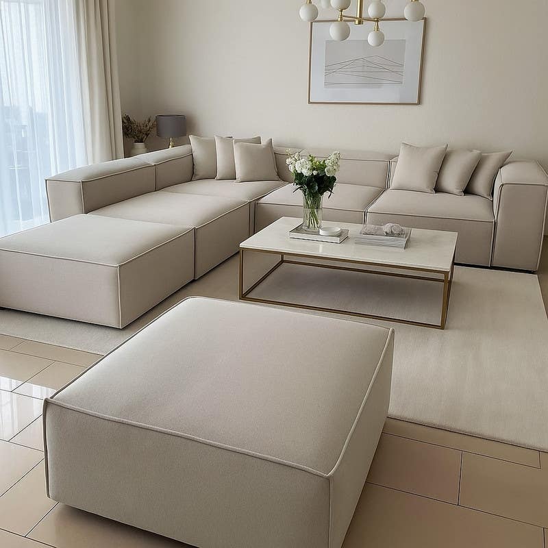 Musky Wood Sofa with Linen Upholstery, 6 Pieces, 330×195×70×85 cm, 6 Cushions - Beige
