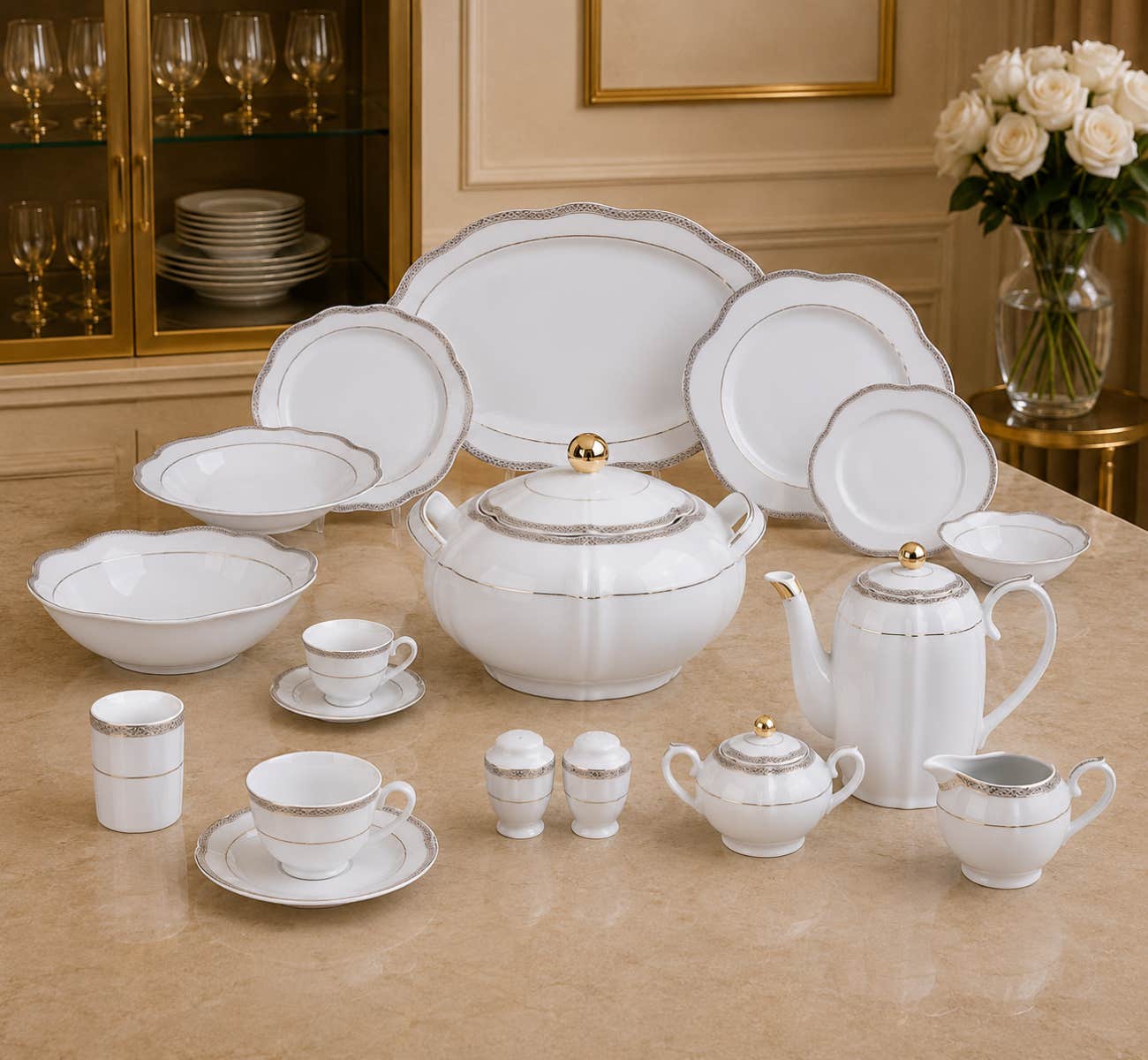 Lotus Porcelain Dinner Set, 62 Pieces - White Gold