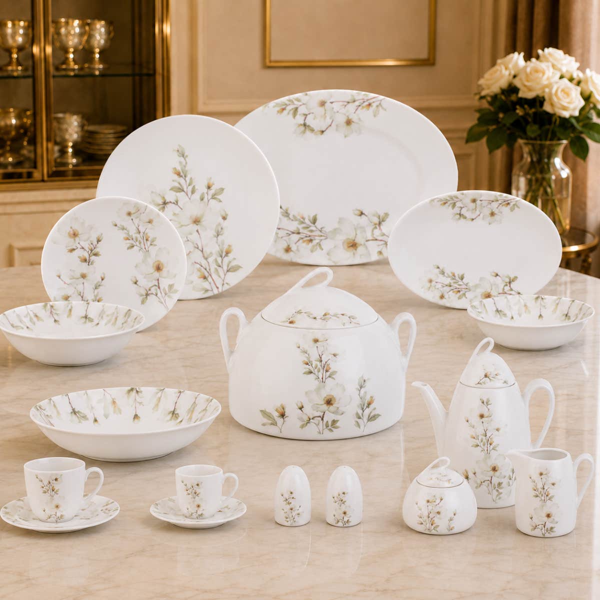 Lotus Porcelain Dinner Set, 60 Pieces - White Green