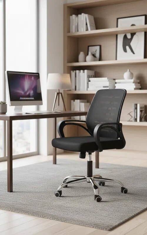 Metal Office Chair Medium Back Mesh , Hydraulic, with Fiber Armrests, 5 Wheels, 50×50×110 cm - Black
