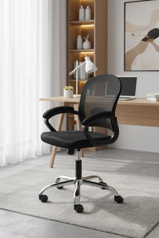 Metal Office Chair Medium Back Mesh , Hydraulic, with upholstery Armrests, 5 Wheels, 105×50×48 cm - Black