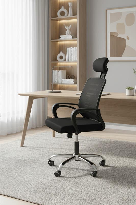 Metal Office Chair High-Back Mesh , Hydraulic, with Fiber Armrests, 5 Wheels, 120×45×50 cm - Black
