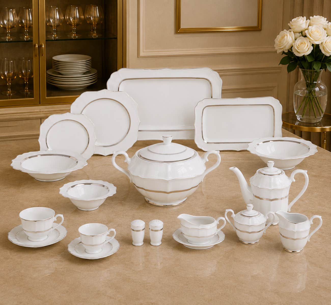 Lotus Porcelain Dinner Set, 62 Pieces - White Copper