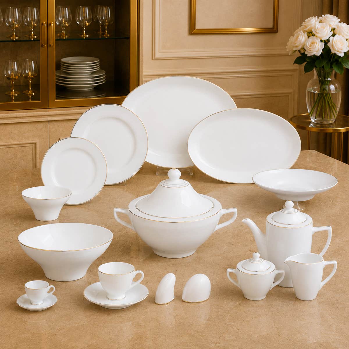 Bone China Elegant Porcelain Dinner Set, 60 Pieces - White Gold