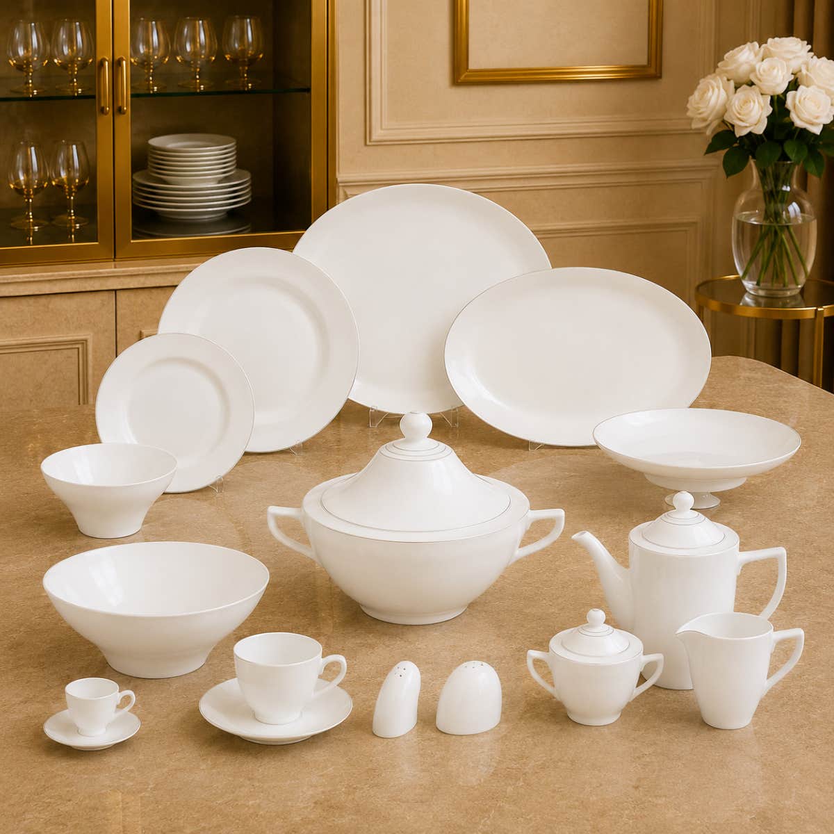 Bone China Elegant Porcelain Dinner Set, 60 Pieces - White Gold
