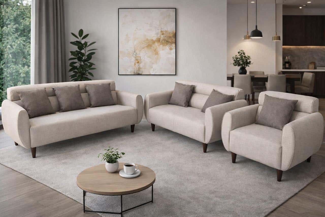 Beechwood Living Room Set, Linen Fabric, 3 Pieces, 6 Cushions - Light Grey