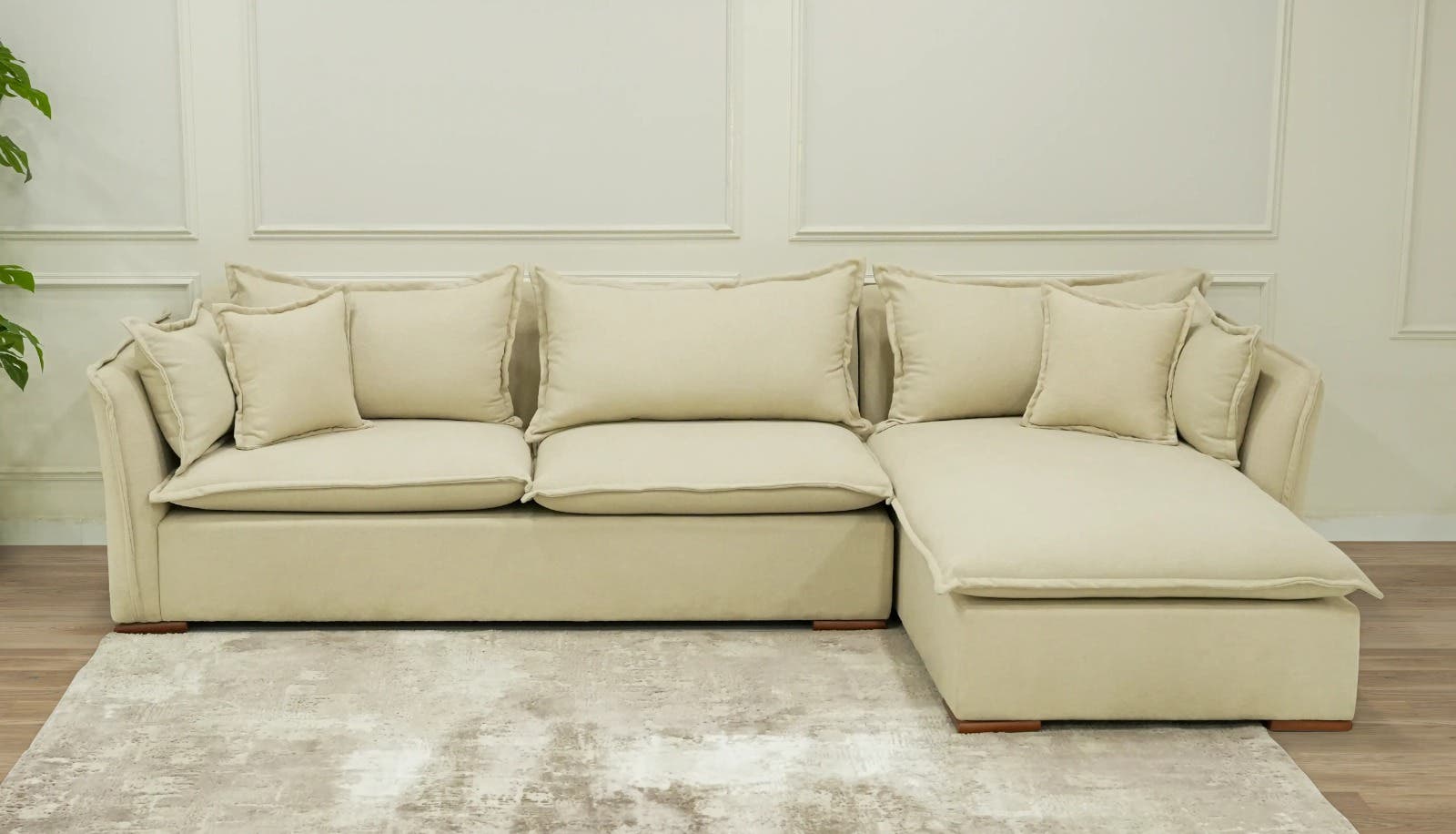 Beech & Counter Wood L-Shaped Sofa, 205x75x90 cm, 2 Pieces - Cream