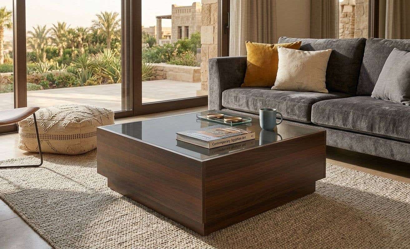 MDF Wooden Center Table with Glass Top, 80×80×40 cm - Brown