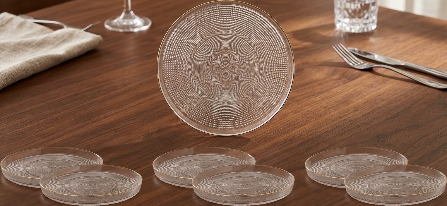 Hegazy Glass Plate Set, 7 Pieces - Clear Gold