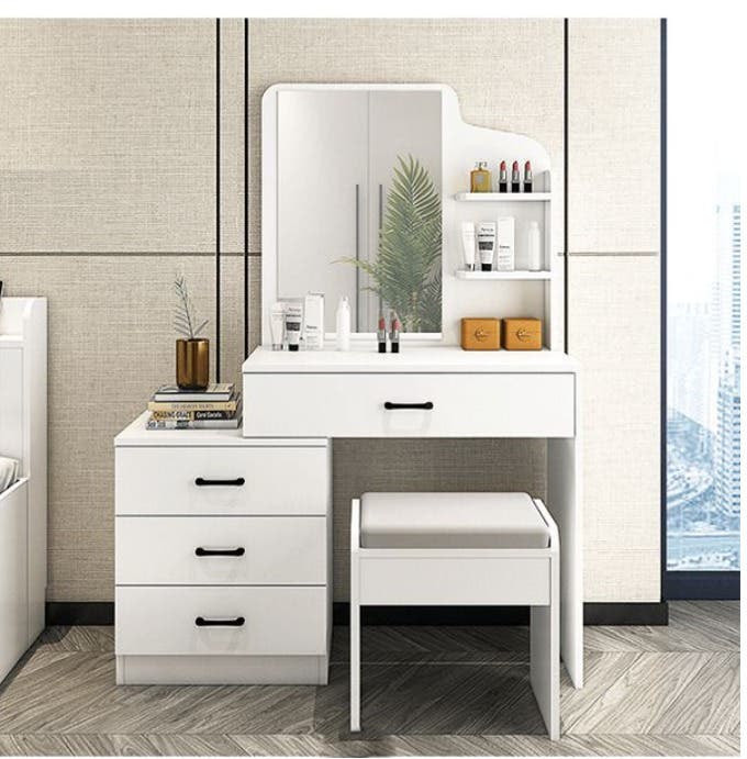 MDF Wood Modern Dressing Table, 4 Drawers, 2 Shelves - White