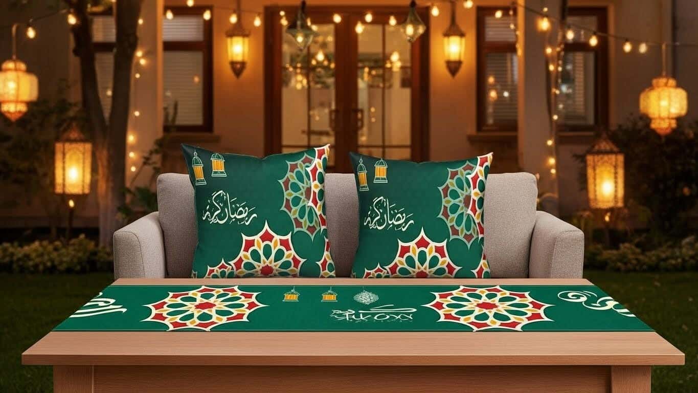 Tablecloth set with cushion cover, 3 pieces, velvet - Multicolor