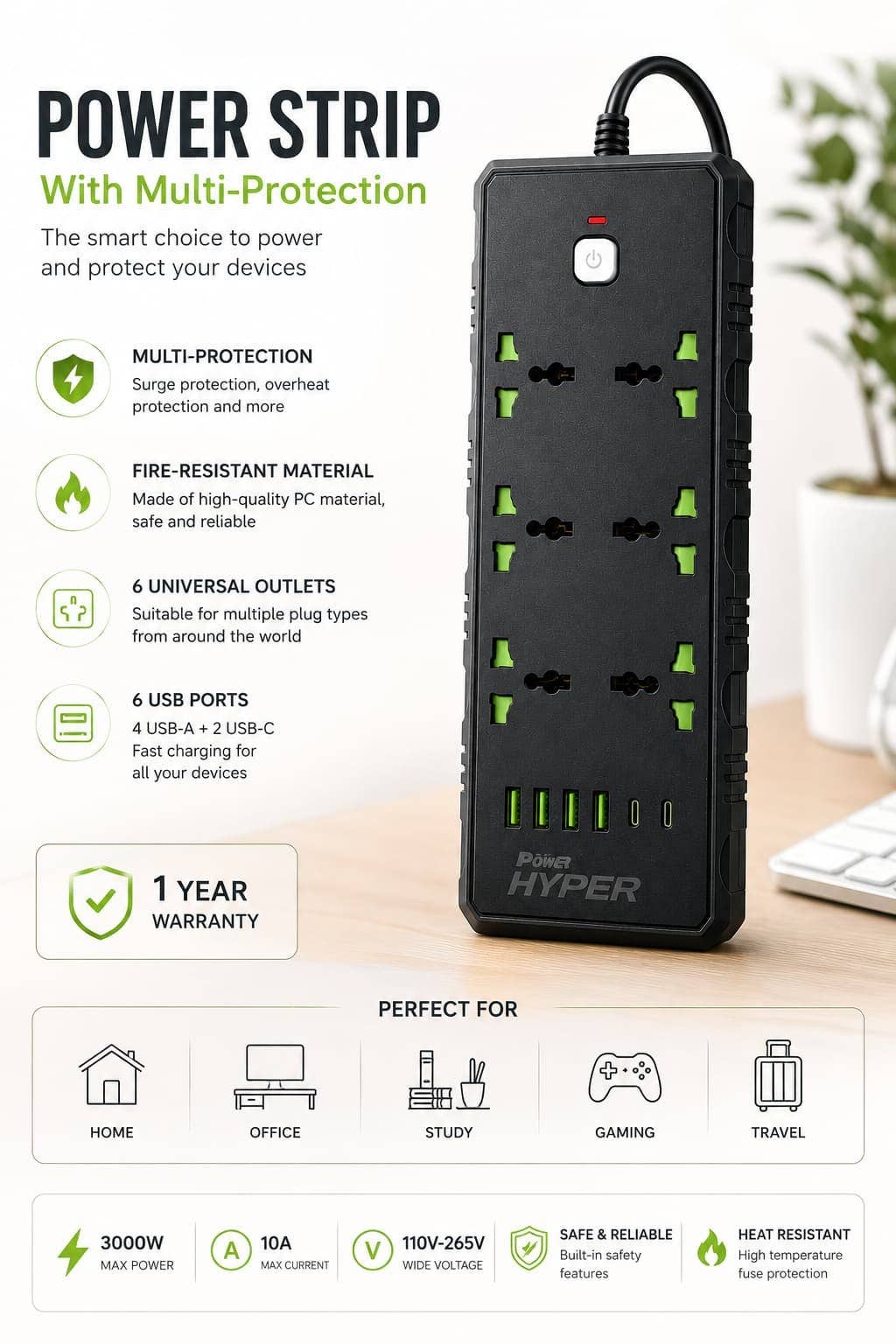 Hyper Sp-40 Multi-Protection Power Strip 3000W With 6 Universal Ac Outlets, 6 Usb Ports & 2M Cable